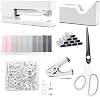White Office Supplies,White Desk Accessories, Stapler and Tape Dispenser Set for Women with Stapler,Tape Dispenser, Staple Remover, Staples,Scissor and Tabs for Students Office Clerks