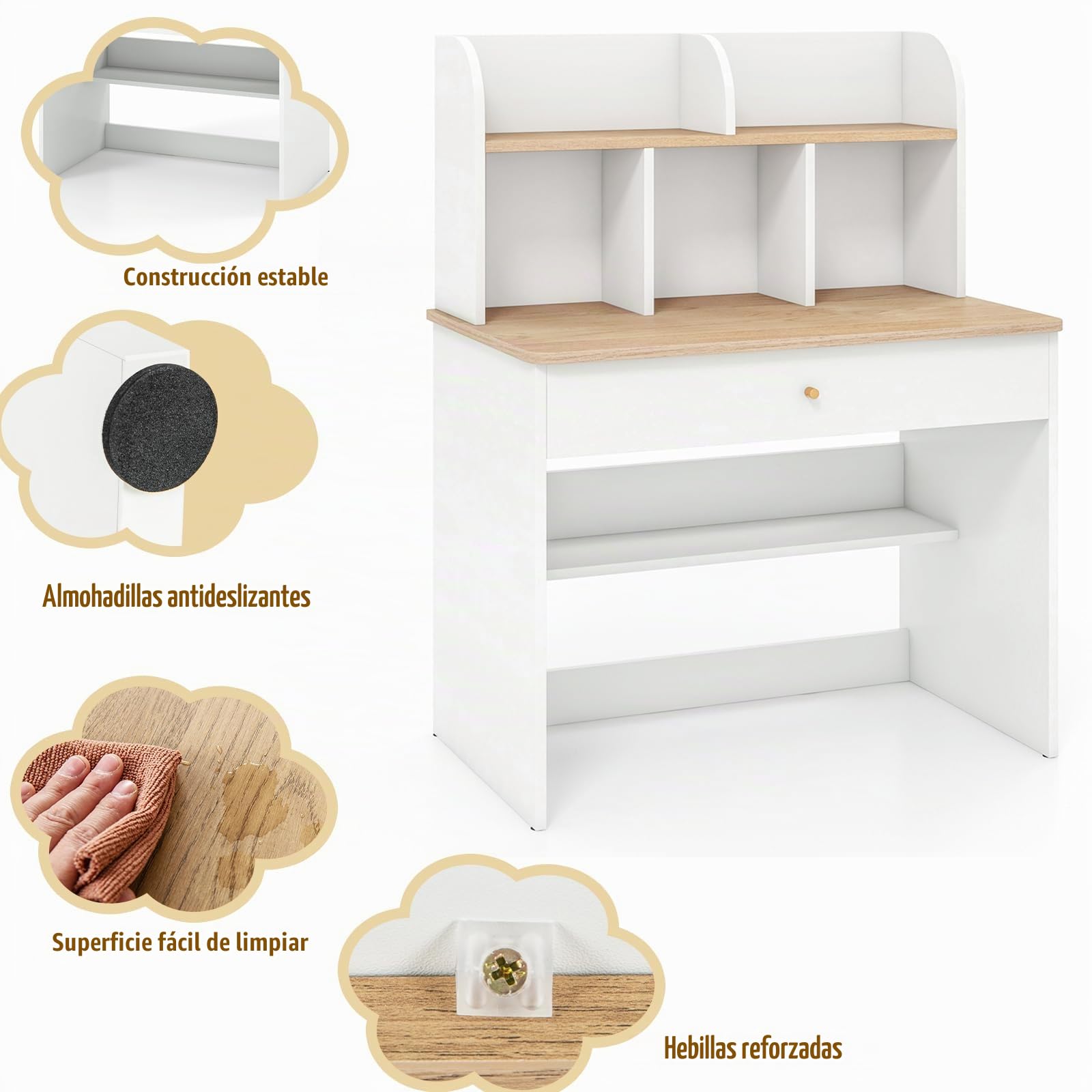 LIFEZEAL Escritorio Infantil, Mesa de Estudio para niños, Escritorio ergonómico con estantes Abiertos y cajón, estación de Trabajo con estantería de Almacenamiento para Estudiantes, Blanco