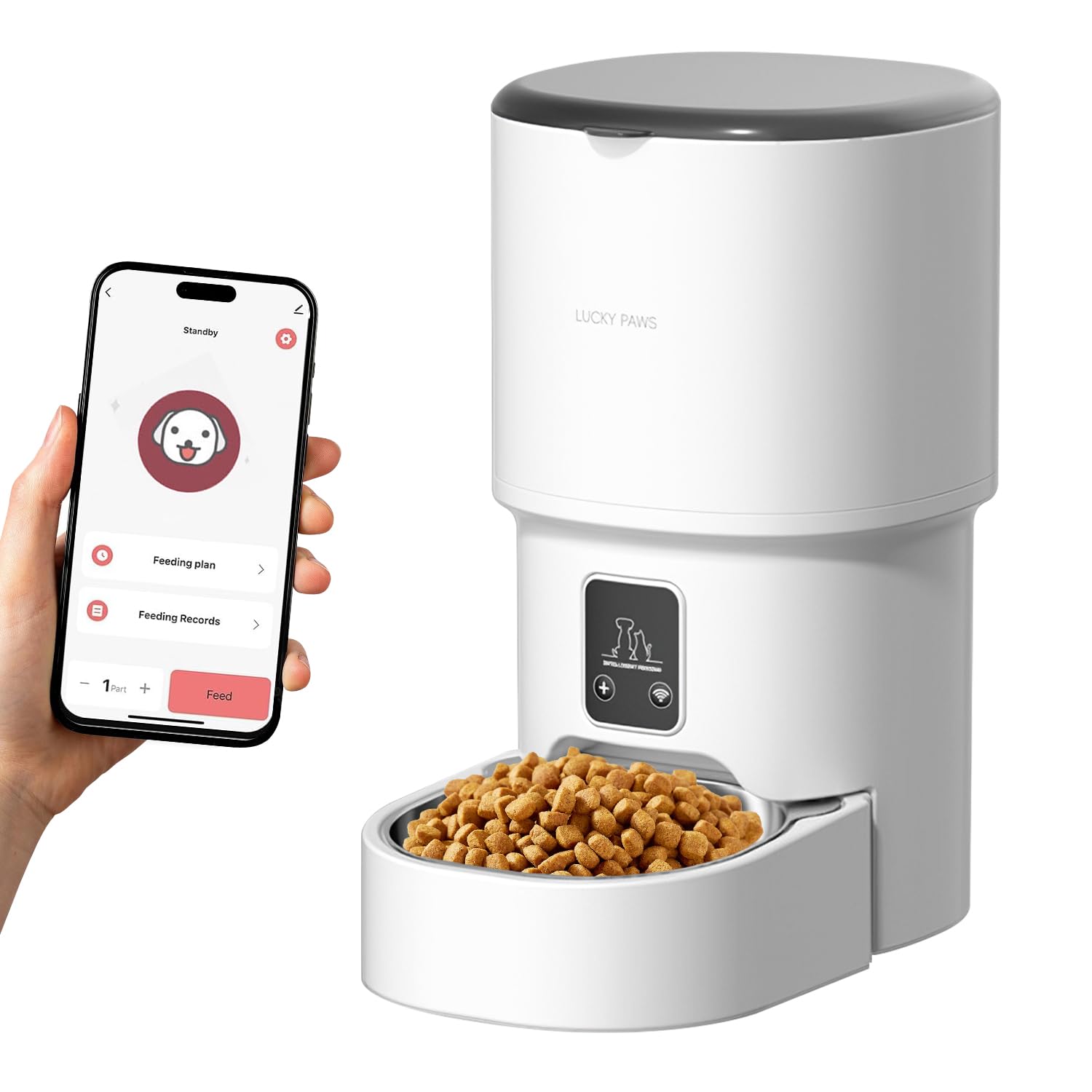 Dispensador Automático de Comida para Gatos y Perros 4L, Programable 1-6 Raciones al Día, Comedero Inteligente con Temporizador, Tolva de Gran Capacidad y Cuenco de Acero Inoxidable (Blanco- WiFi- 4L)