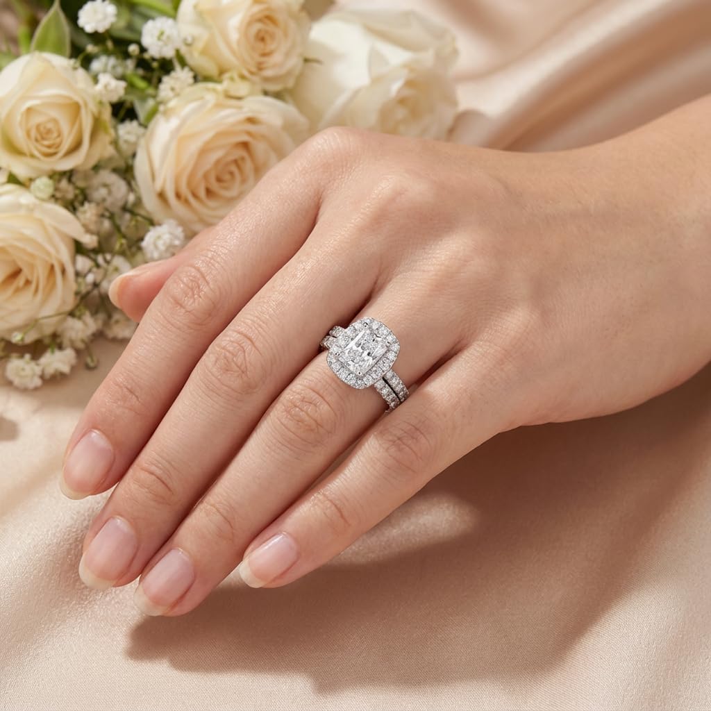 Wedding Ring Set for Women 2 CT Radiant Cut Engagement Rings Halo 925 Sterling Silver Rings with 18k White Gold Plated - Image 6