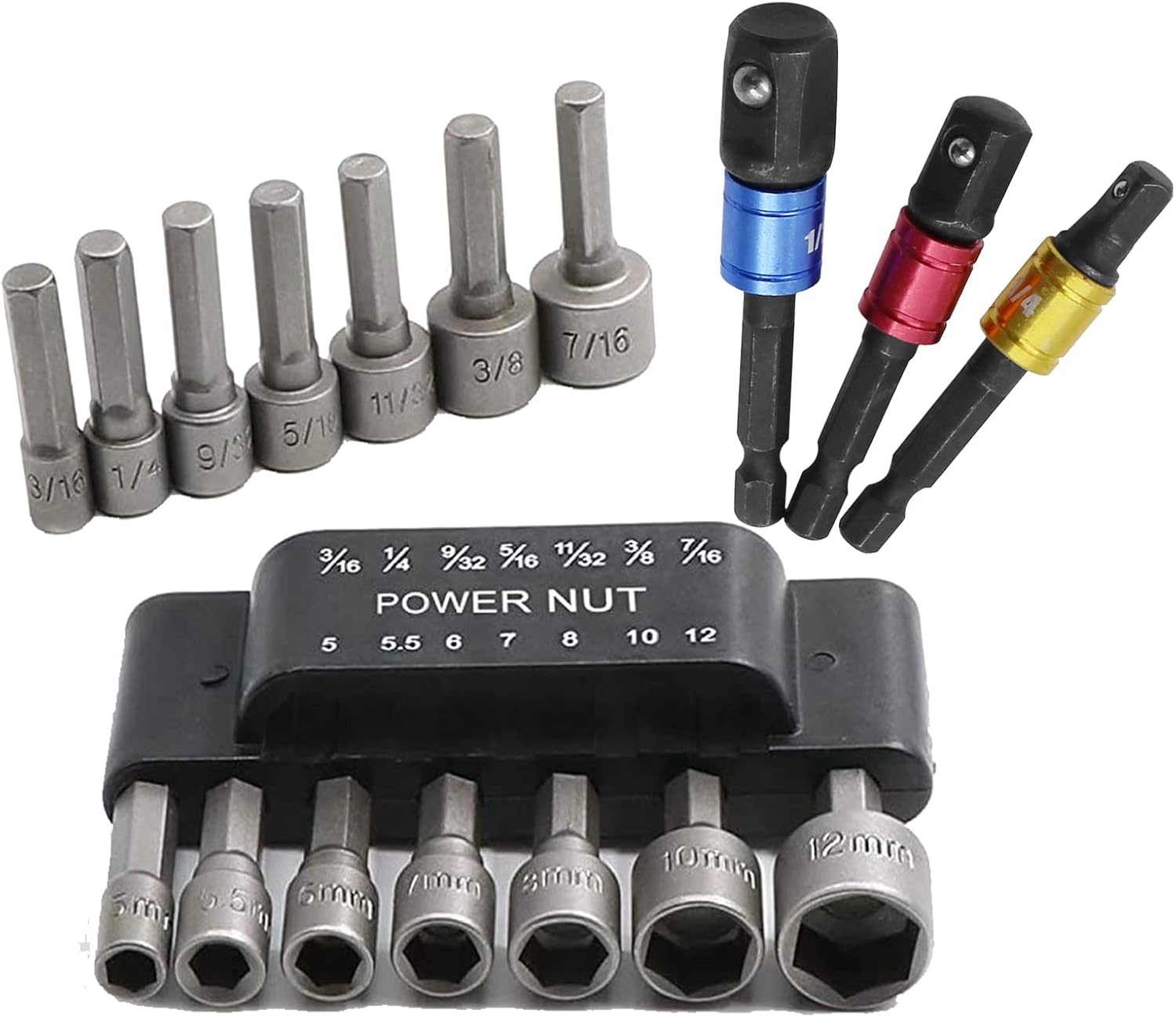 14pcs Power Nut Driver Drill Bit Set With 3pcs Socket Adapters