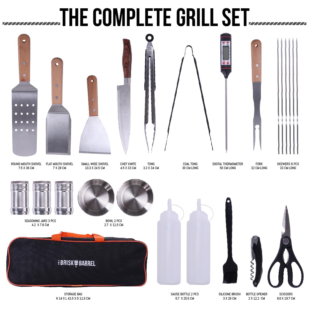 BBQ Accessories 24 in 1. Outdoor Grill Tools with Fork, Tong, Skewers, Digital Meat Thermometer - No Battery Included. Complete Grilling Tools kit with Portable Bag