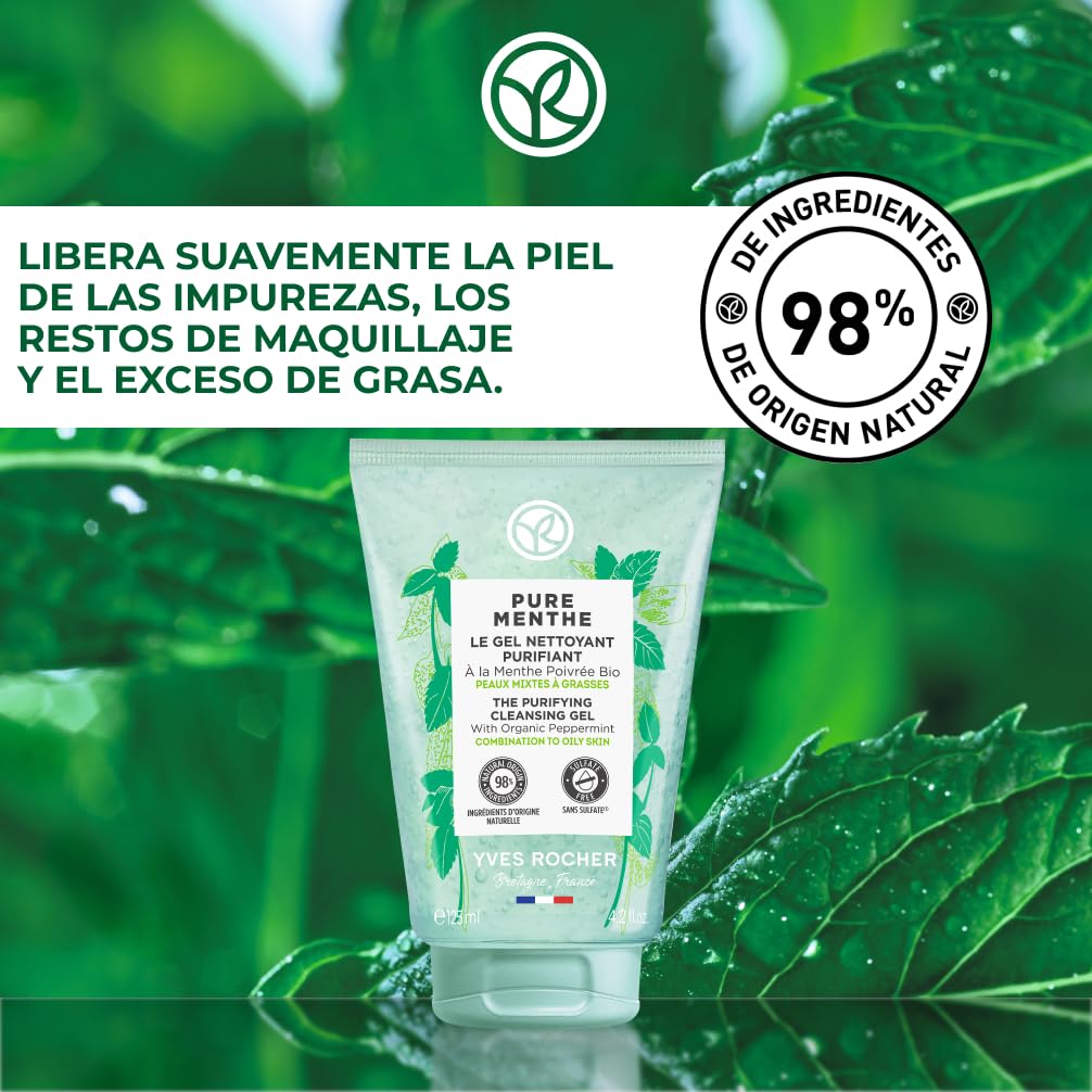 Yves Rocher PURE MENTHE - Gel Limpiador - Limpia la piel y purifica los poros - Elimina impurezas, maquillaje y exceso de sebo - 125 ml