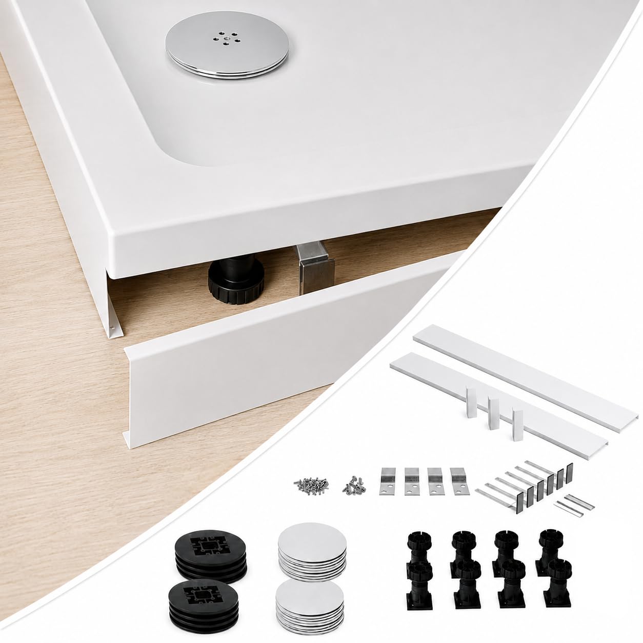 PVC Shower Tray Riser Kit, 95mm Height, Plastic Shower Tray Plinth & Support Legs Pack for Rectangle Trays, Up to 1000mm