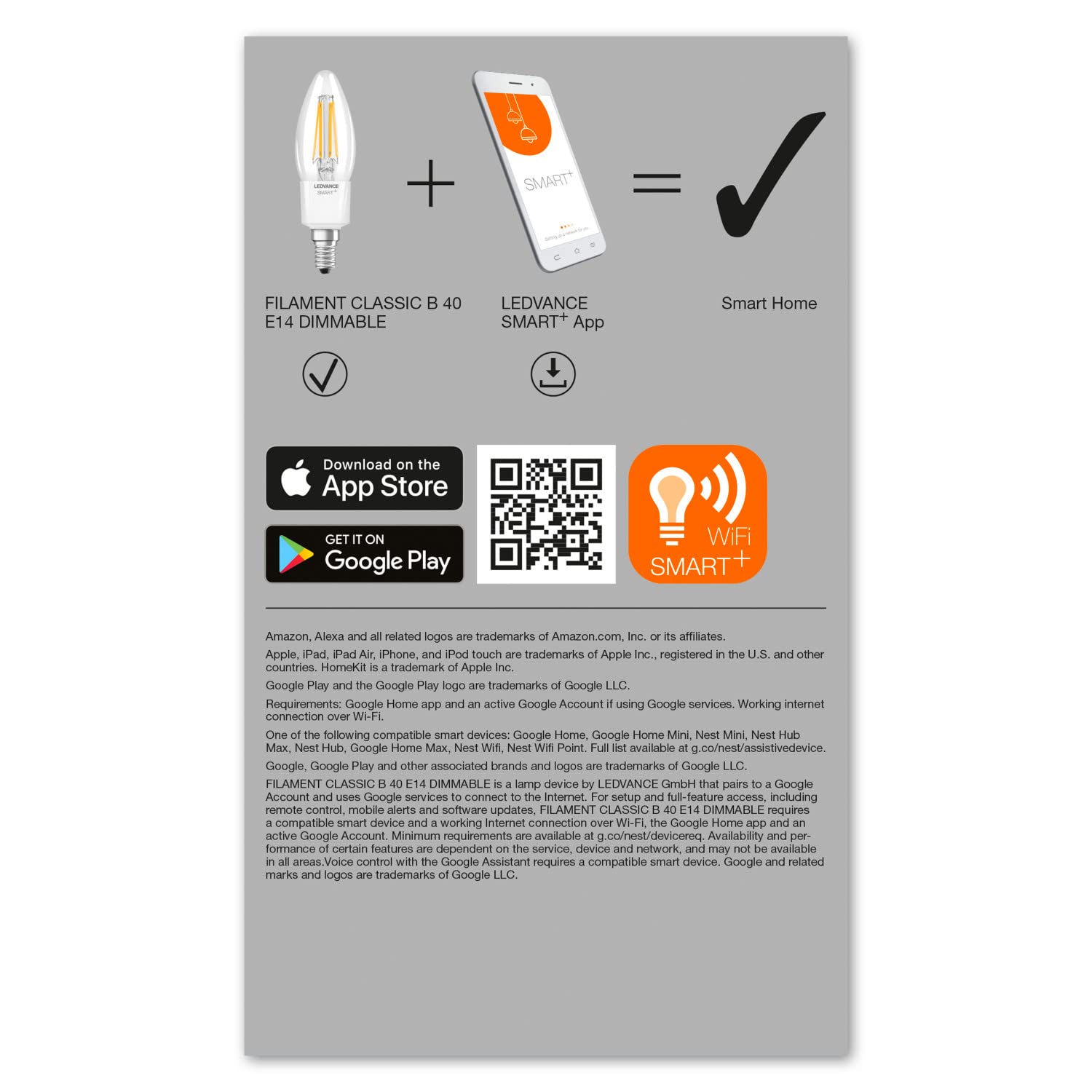 LEDVANCE Inteligentna żarówka LED z technologią Wifi, E14, ściemnianie, ciepła biel, przezroczysty żarnik, zamiennik żarówek 40W, możliwość sterowania za pomocą aplikacji Alexa, Google i innych, 4 pak