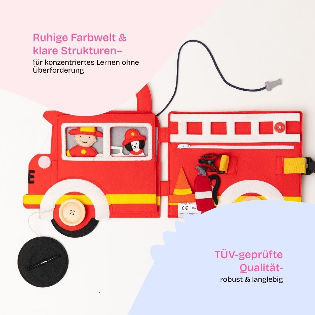 Jolly Designs Travel Buddy Vigili del fuoco – Montessori Giocattoli a partire dai 18 mesi – Busy Book & Libro in stoffa in feltro – Giocattoli educativi & Libro in moto per bambini – Giocattoli da