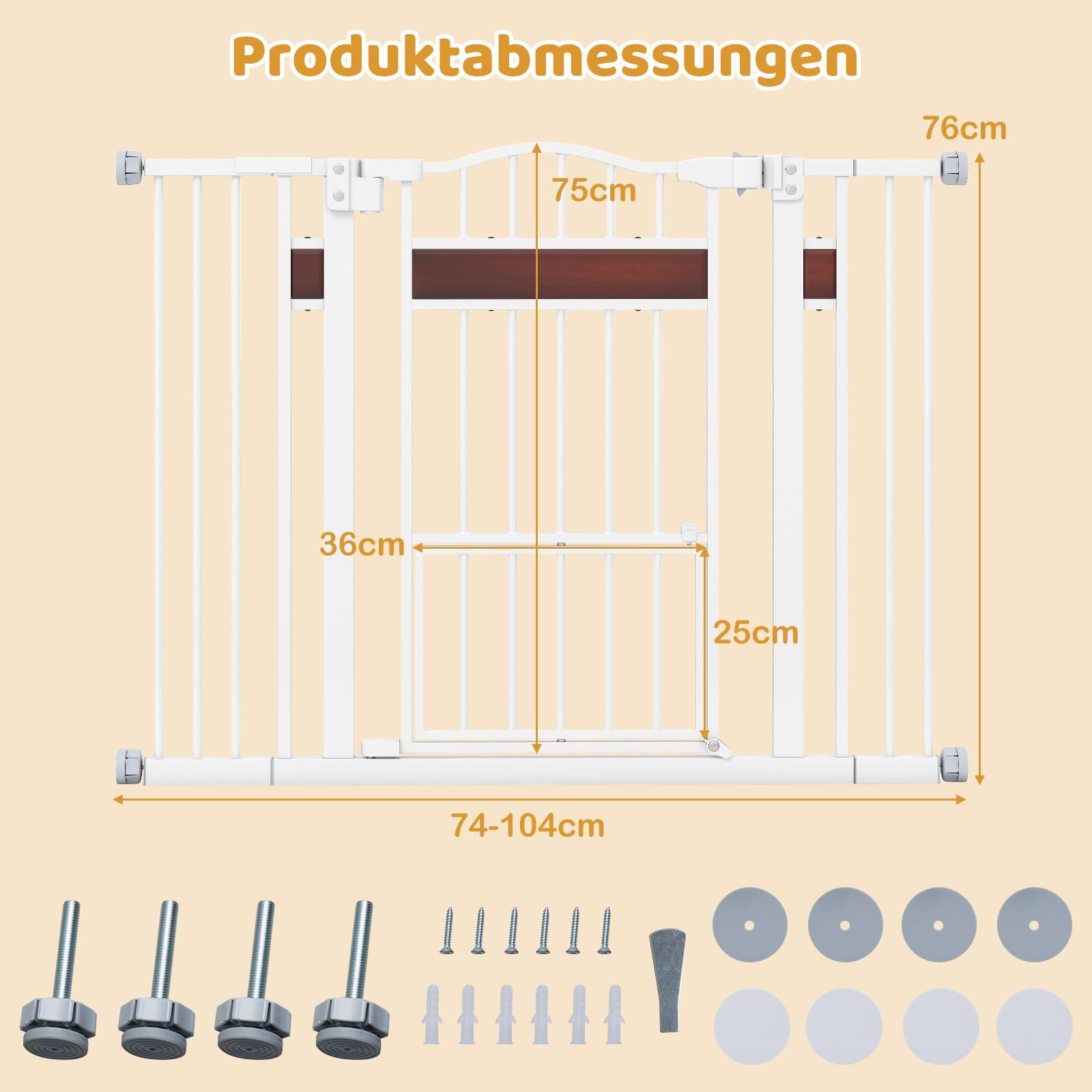 COSTWAY Kratka ochronna na drzwi dla psów, wysokość 76 cm, 74-104 cm, metalowa kratka ochronna z małymi drzwiami, 2 rozszerzenia, automatyczne zamykanie, kratka drzwiowa bez wiercenia, wysuwana kratka