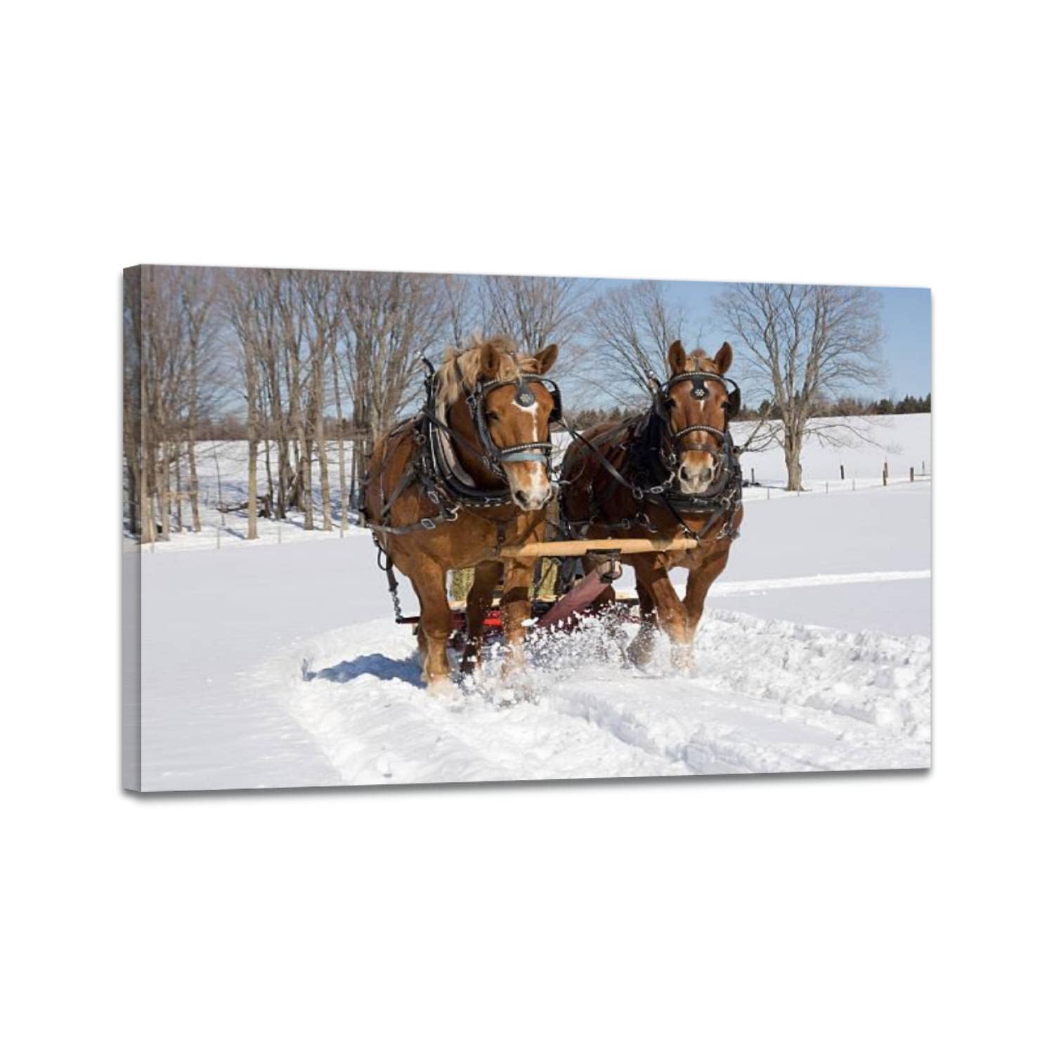 genericLarge work horses pullin sliegh in winter Wall Art Print on Canvas Painting Posters Modern Artworks for Living Room Bedroom Office Home Decor Stretched and Framed 24x36"