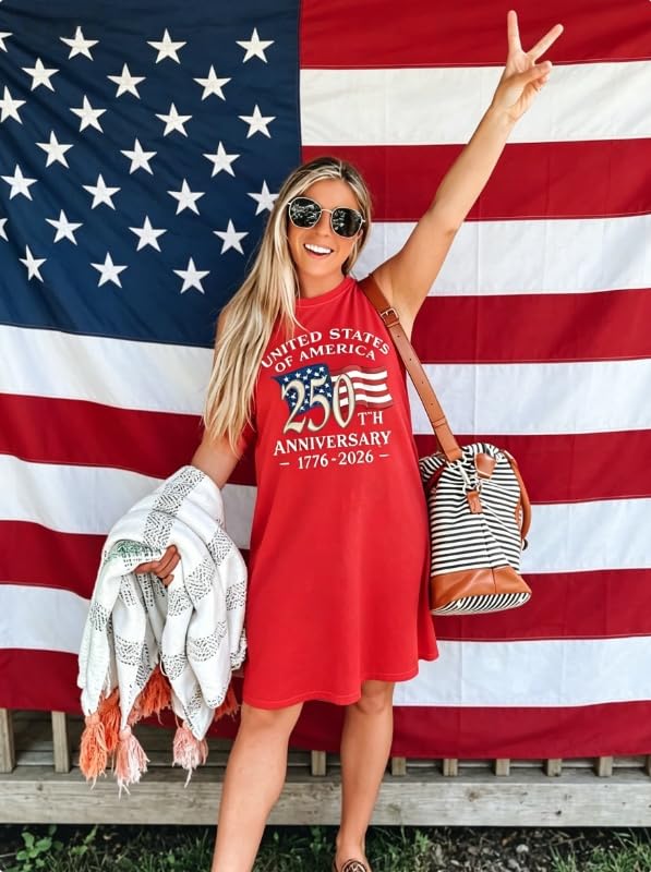 Image of jusgai 250 Anniversary USA Dress for Women American Flag Tank Dresses 4th of July Patriotic Sundress