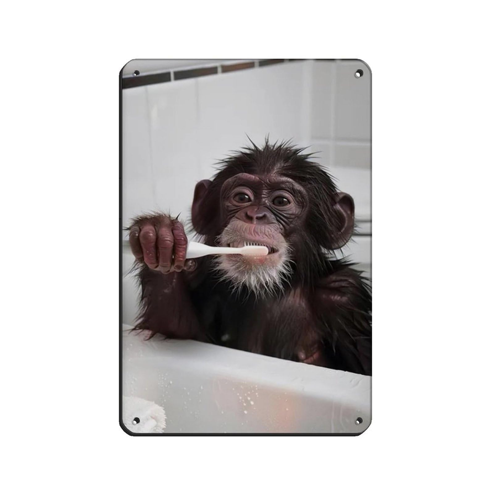 Monkey Brushing Teeth, Hilarious Bathroom Art Tin Sign Vintage Metal Pub Club Cafe Bar Home Wall Art Decoration Poster Retro 8x12inch(20x30cm)