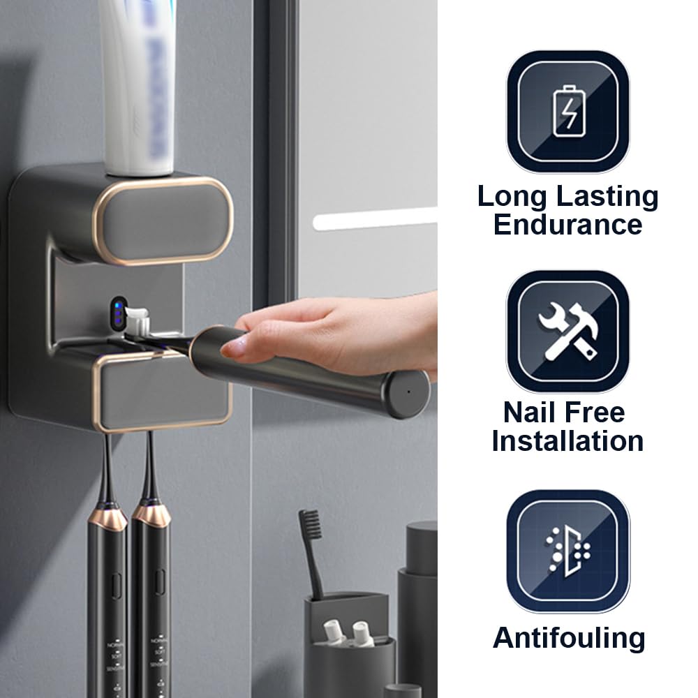 Dispensador de pasta de dientes, soporte para cepillo de dientes de desinfección USB-C con múltiples ranuras para cepillos de dientes para tocador de baño