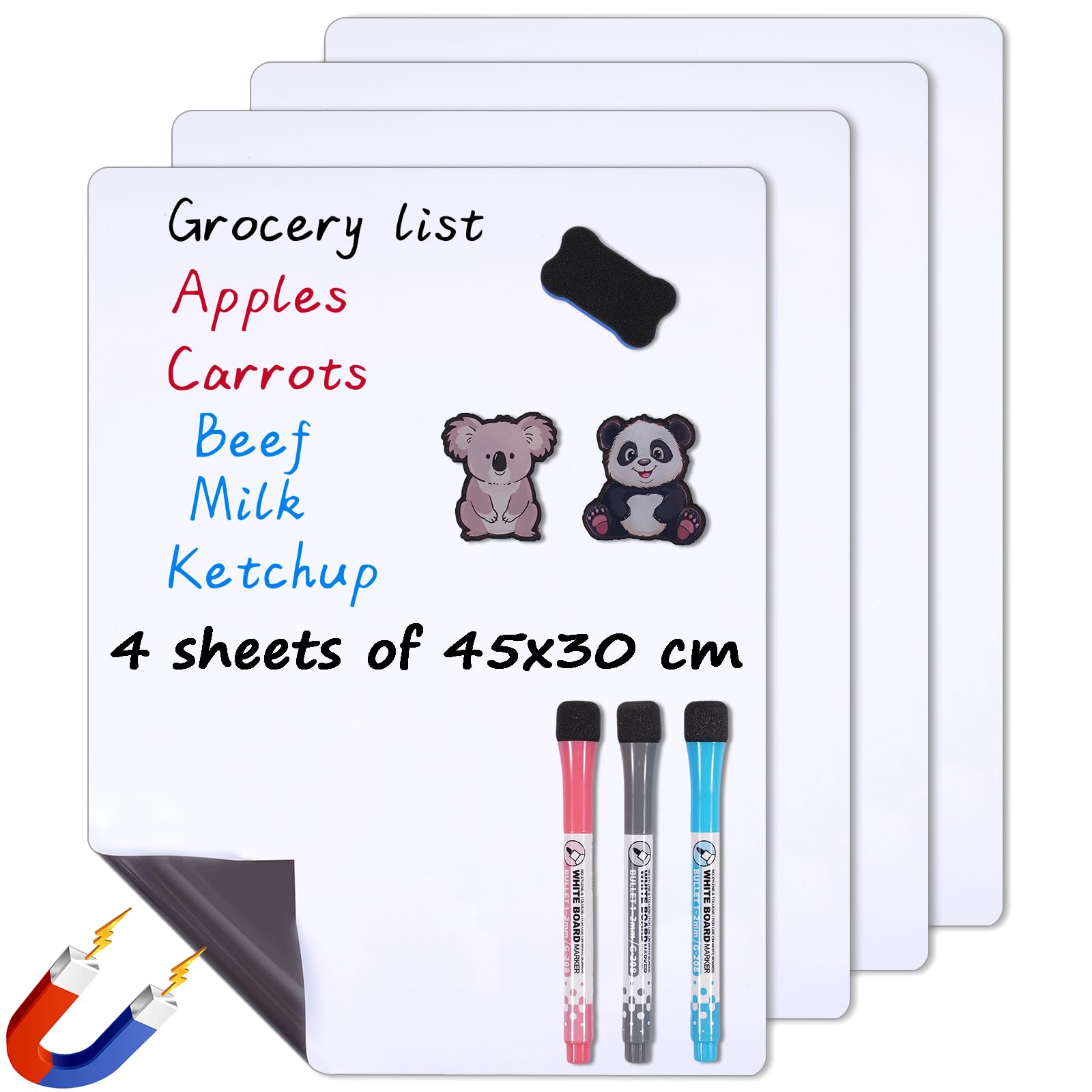 WIBOSOGA Magnetic Dry Wipe Whiteboard for Fridge, 4-Pack 45 x 30 cm Small Kitchen Whiteboard Organiser & Planner with Stain-Resistant Surface, Includes 1 Eraser & 3 Markers