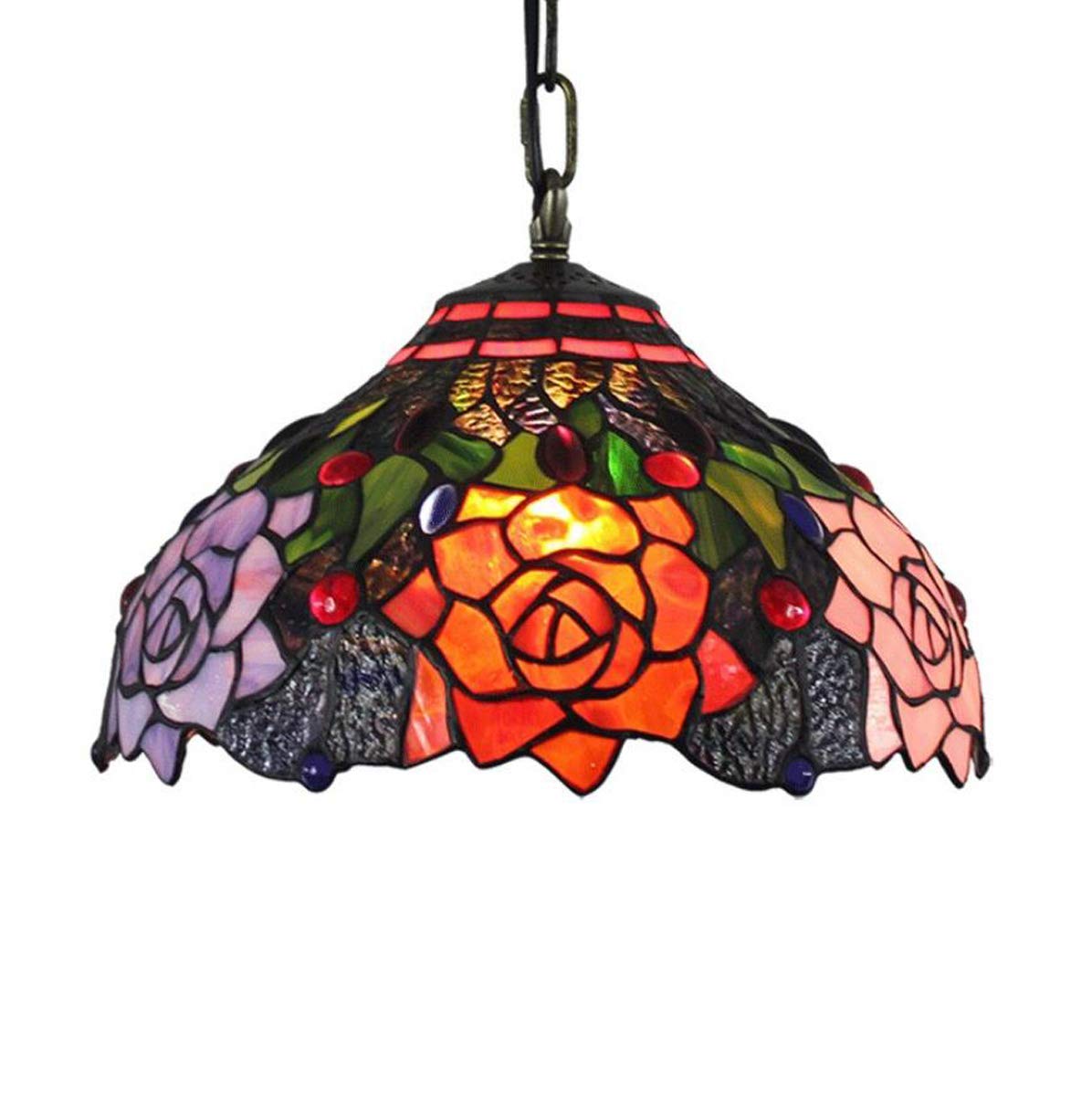 GDLight 12-Inch Vintage Floral Pendant Lights, Tiffany Style Flowers Stained Glass Ceiling Hanging Lamp for Bedroom Living Room Island Cafe Bar, E27,RoseB