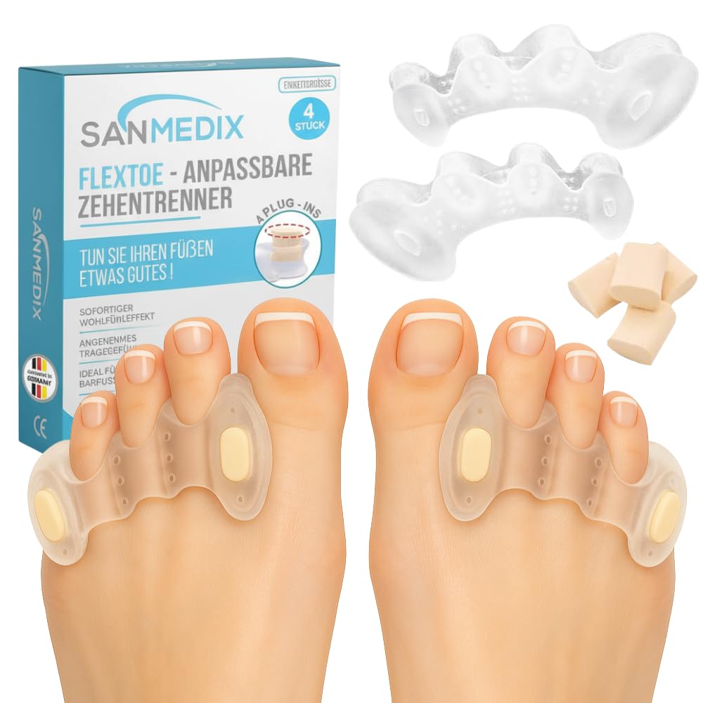Sanmedix Zehenspreizer – 2 Paar Zehentrenner mit Plug-In System für Hallux Valgus, Ballenzehen & Zehenkorrektur – Silikon Toe Spacer für Damen & Herren (Transparent, Einheitsgröße)