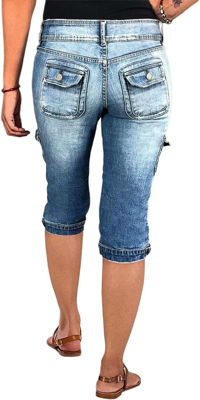 Flamingals Women's Star Flap Pocket Side Vintage Summer Low Waist Skinny Cargo Capris Jeans