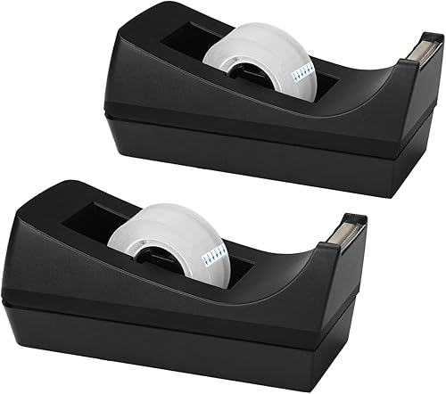 OWLKELA Paquete de 2 dispensadores de cinta con cintas transparentes, núcleo de 1 pulgada, color negro, dispensadores de cinta de escritorio con