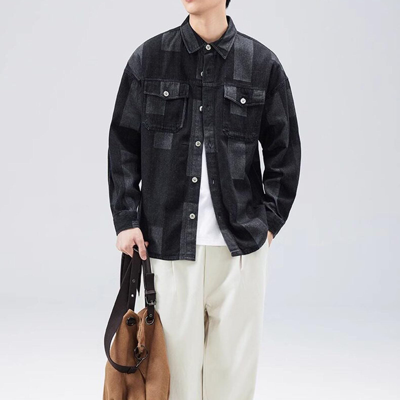 Camicia in Denim a Maniche Lunghe abbottonata Bicolore da Uomo