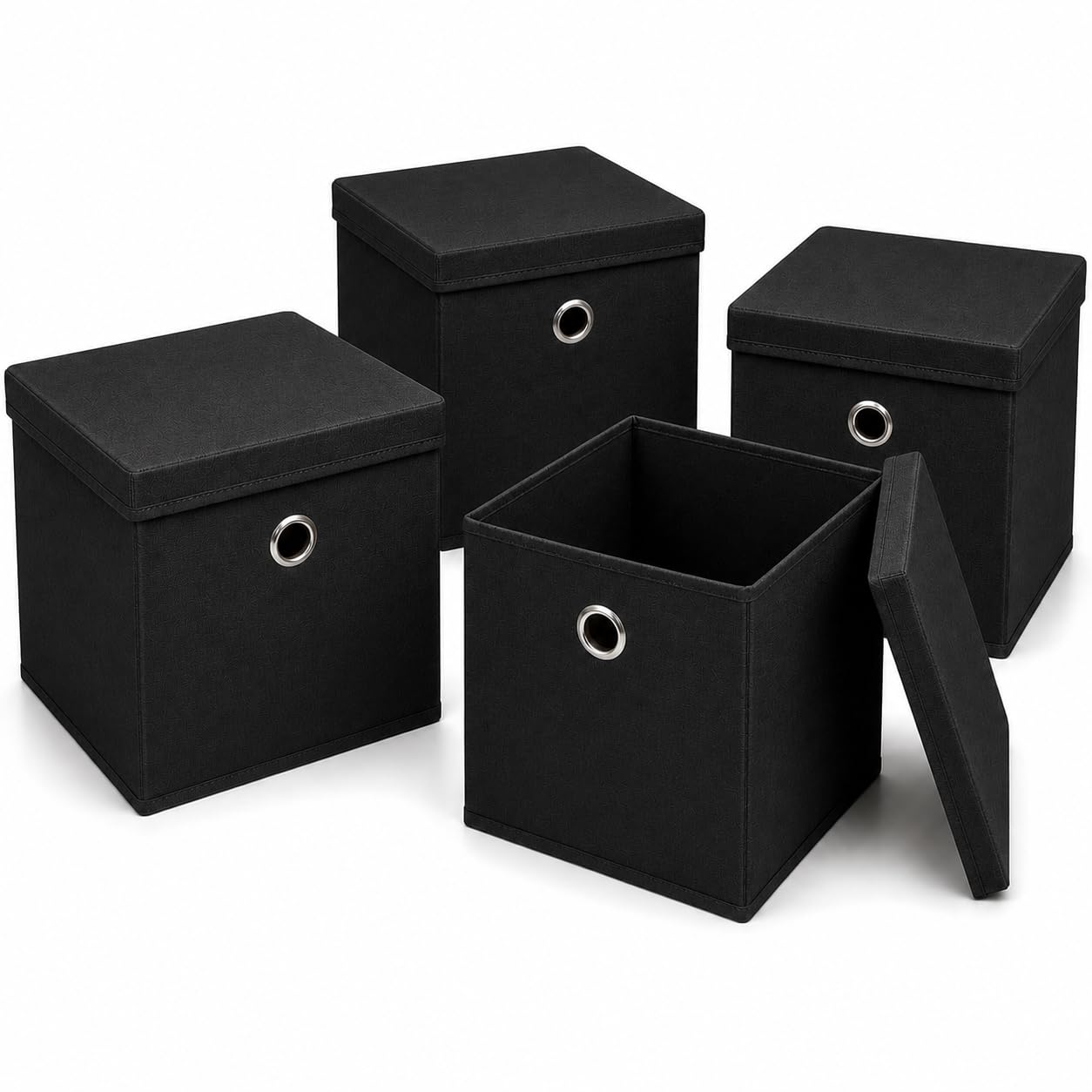 Foldable Fabric Storage Boxes with Lids Set of 4 Non Woven Cubes for Shelves Wardrobe Home Organisation Foldable Storage Cubes collapsible Storage Box in Grey Blue White Black (Black, 35x35x35cm)