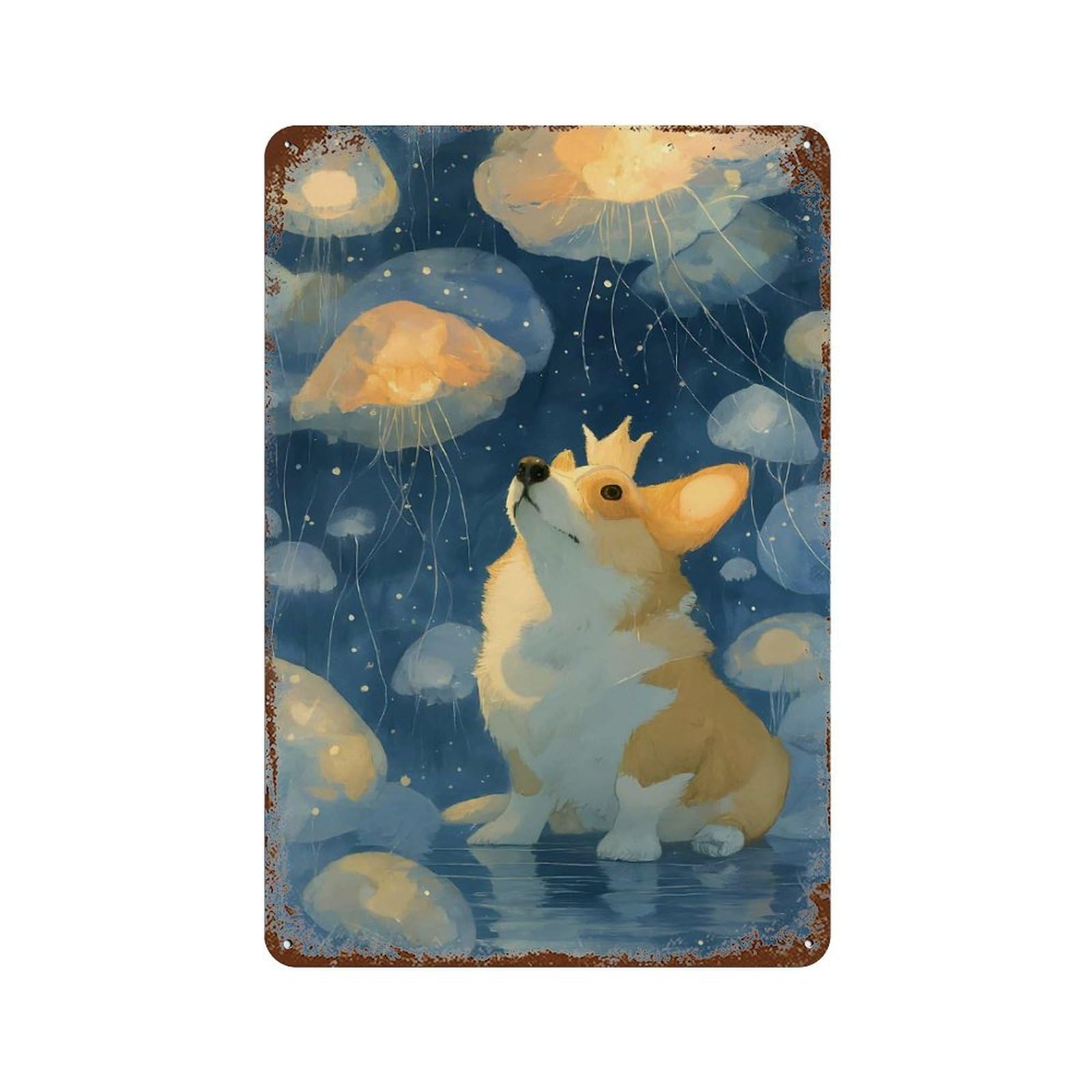 Corgi with Crown And Jellyfish Aged Metal Wall Plaque 11.8"x7.9", for Garage, Bar And Workshop Decor, Farmhouse Wall Decor