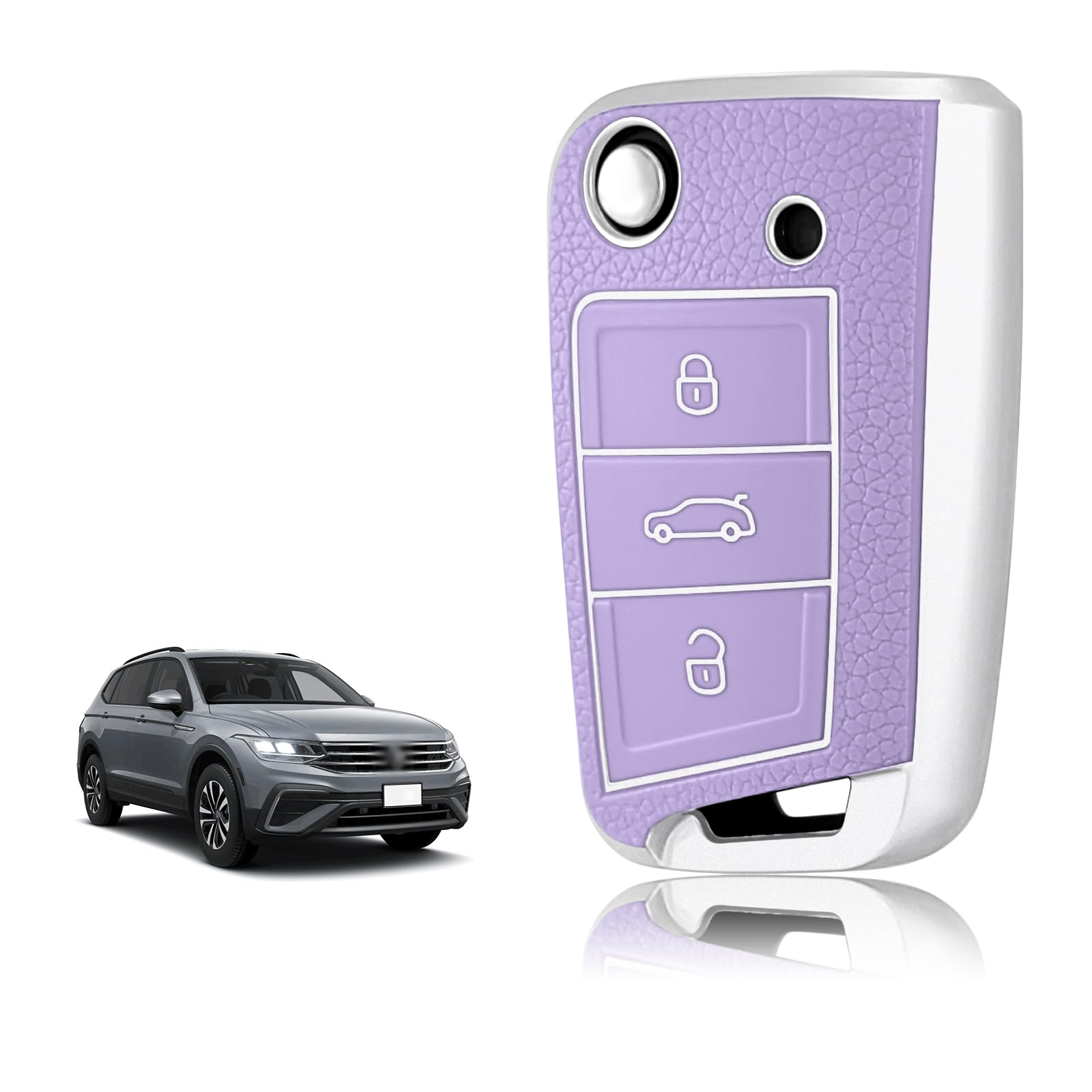 TOOMUME Schlüsselhülle Silikon, Autoschlüssel Hülle Passt für VW Volkswagen Golf 7 Polo Tiguan Taigo Seat Leon Ibiza Skoda Octavia Superb Fabia, Schlüsselcover Gold & Silberrand Lederstruktur