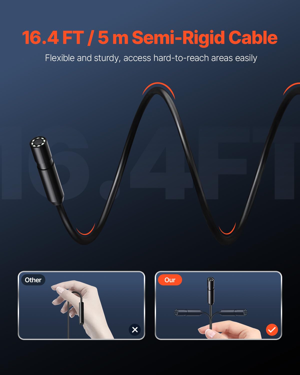 VEVOR Endoscope Camera with Light, 1920P HD Borescope for Android & iOS, 8 LED Lights Inspection Camera with 16.4FT Semi-Rigid Cable, 2X Zoom, IP67 Waterproof Snake Scope Camera for Auto, Plumbing