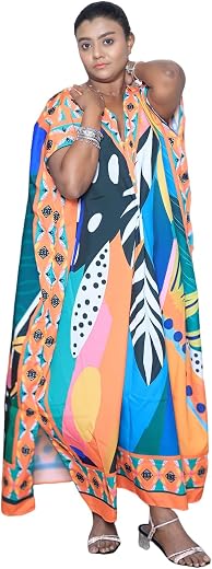 CURVSHAPE Women’s Round Crepe Printed Kaftan Maxi Dress – Free Size Comfortable Lounge Wear Multicolour 223