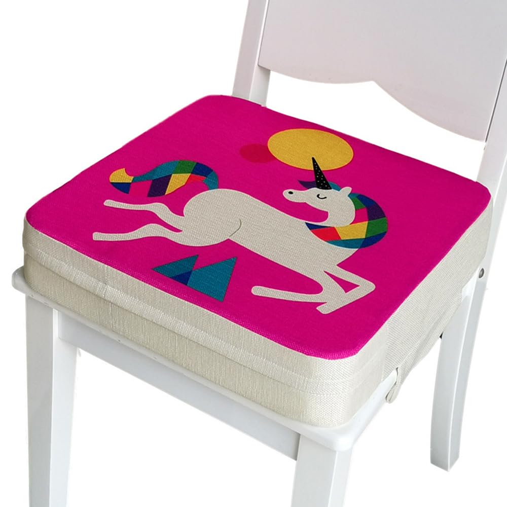 FANSU Baby Booster Seat Cushion Square, Cartoon Printed Toddler Kid Dismountable Heightening Dining Chairs Pad Washable Thick Highchair Booster Cushion Mat with Straps (Unicorn,15.7x15.7x2 in)