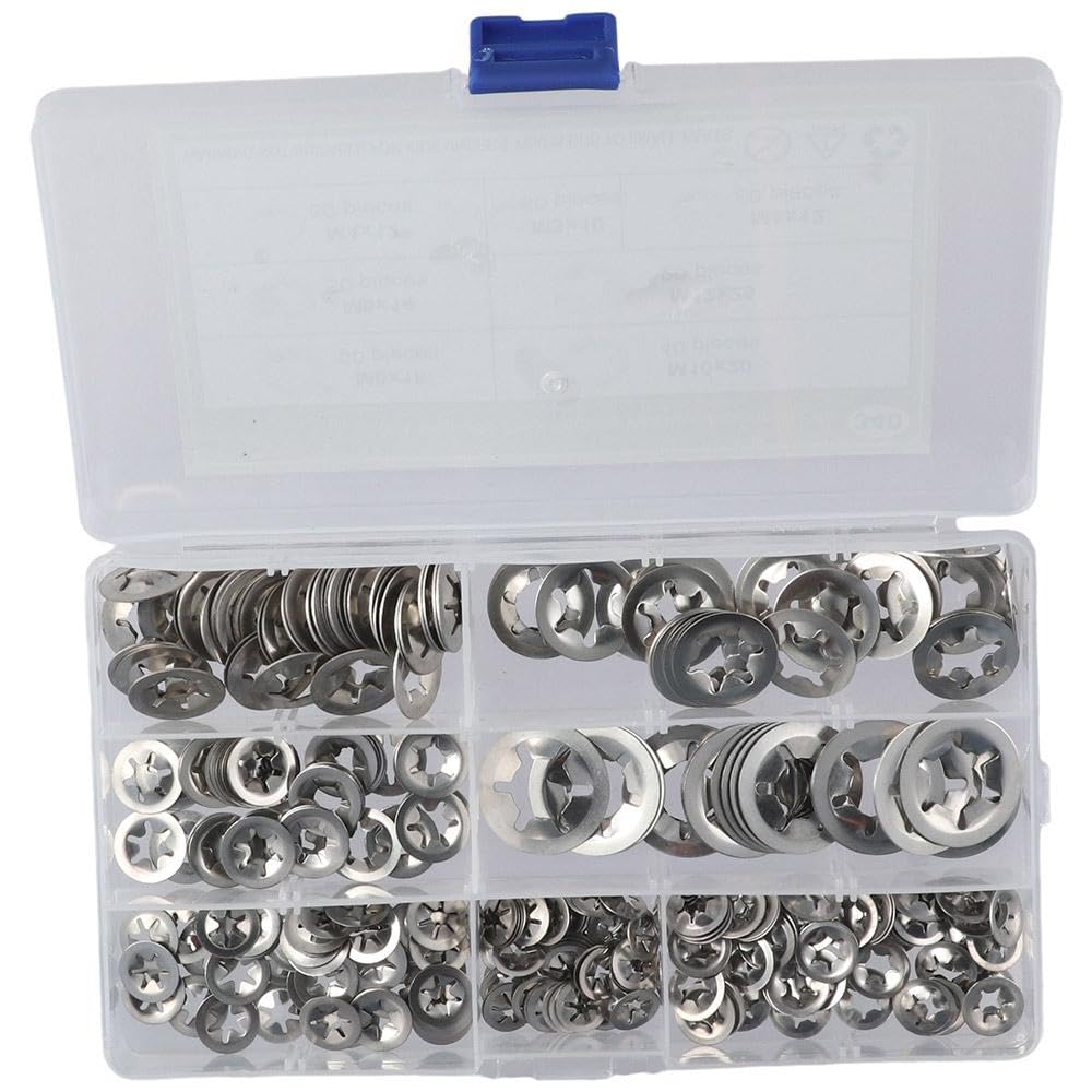 HOBBYIN 340Pcs Stainless Steel Internal Tooth Starlock Washers Assortment Kit, M3 M4 M5 M6 M8 M10 M12 Push On Lock Washers, Push Nuts