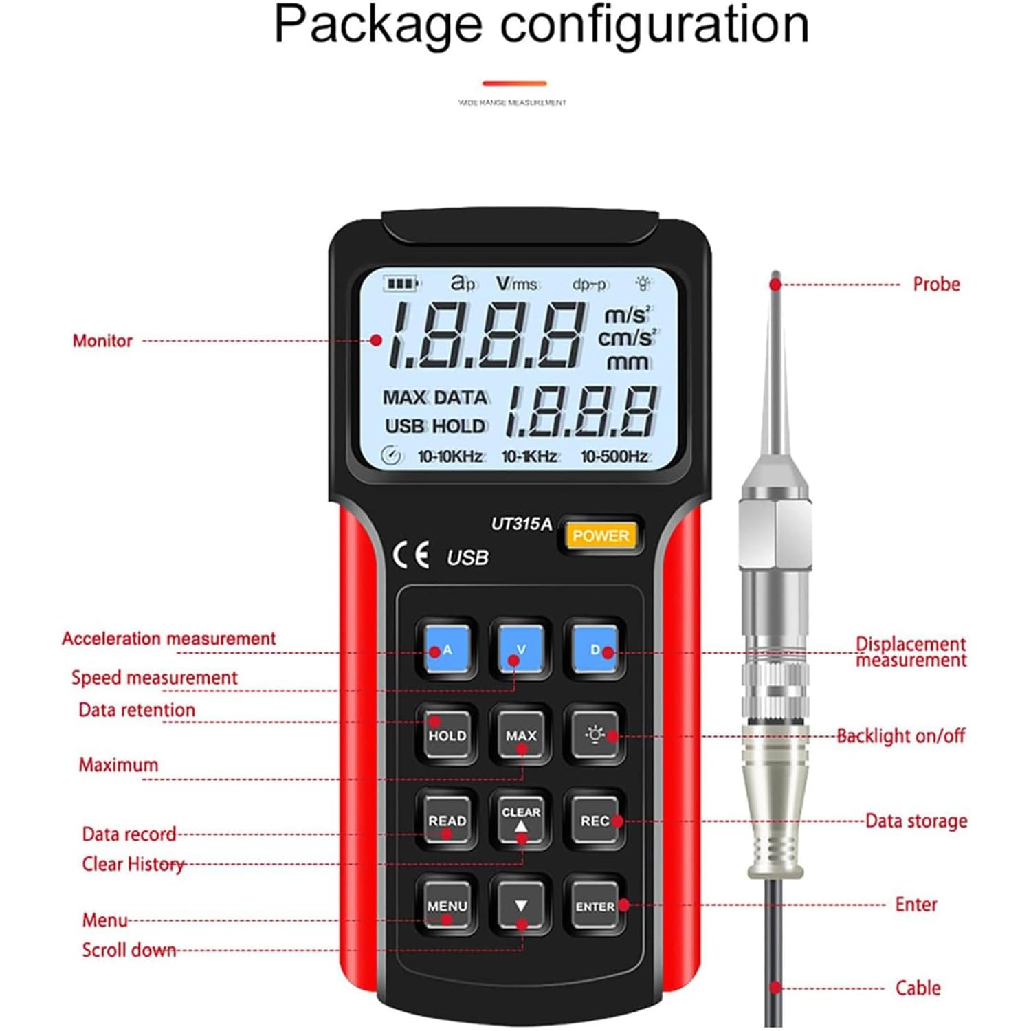 Handvibrationsmessgerät, digitaler Vibrationsanalysator mit LCD-Hintergrundbeleuchtung, USB-Schnittstelle kann Daten speichern, zum Testen von Motoren, Lüftern, Pumpen, Kompressoren