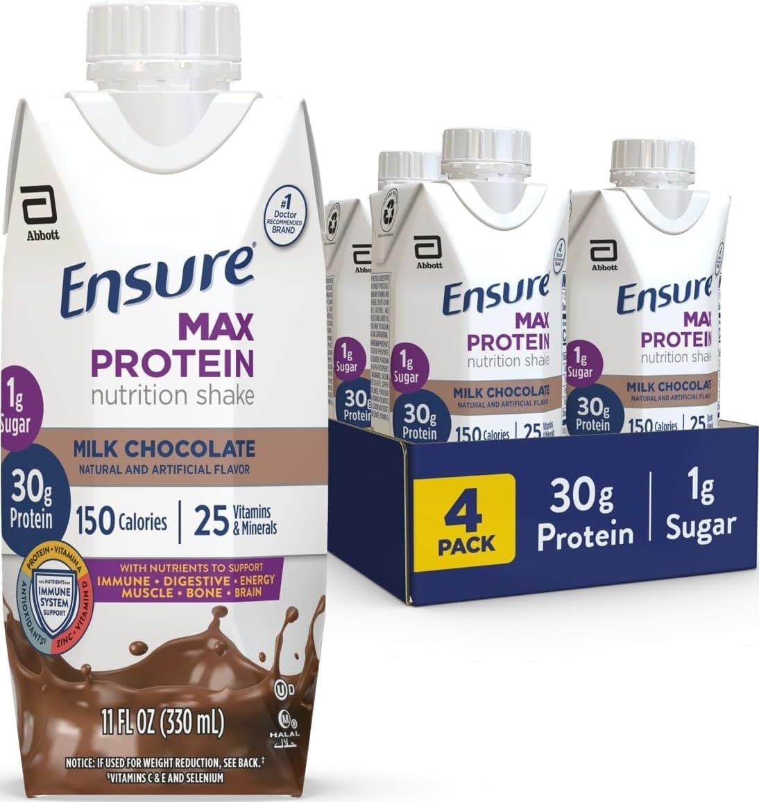 Ensure Shake proteico pronto para beber sabor chocolate 30 g, 4 unidades