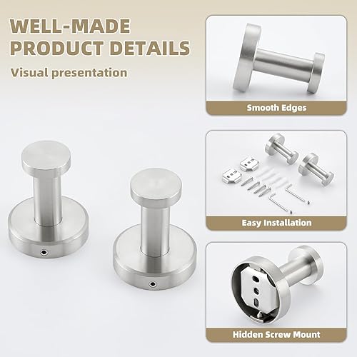 Miniatura 8 de APLusee Ganchos para toallas de baño de níquel cepillado, ganchos de acero inoxidable 304, paquete de 2 ganchos de toallas resistentes para baño,