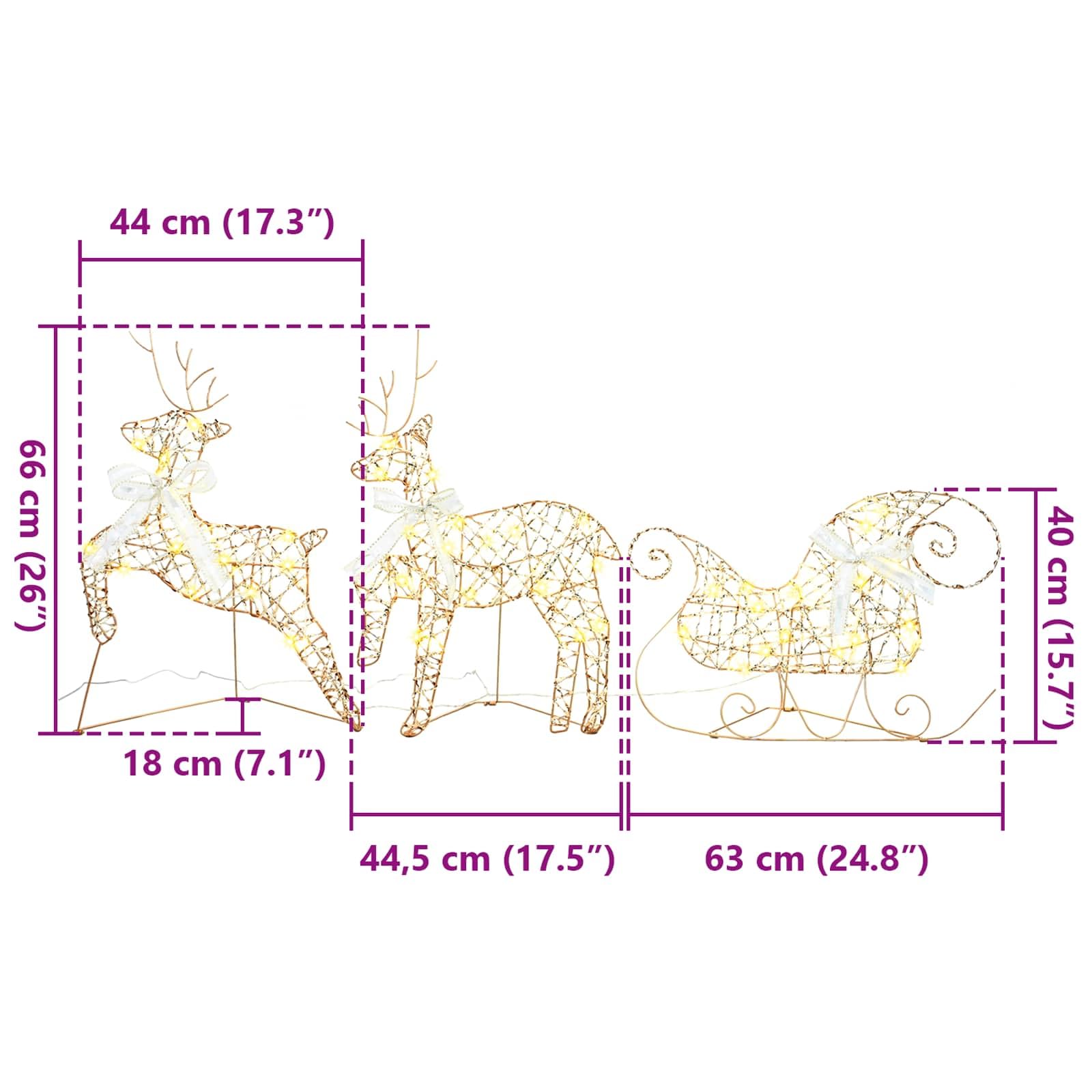 LED Rentiere mit 60 LEDs warmes Weiß, 3-teiliges Set aus PET, 44,5 x 18 x 66 cm, Weihnachtsbaumschmuck Figur für Wohnzimmer, geschützte Außenbereiche, Festliche Adventsdekoration