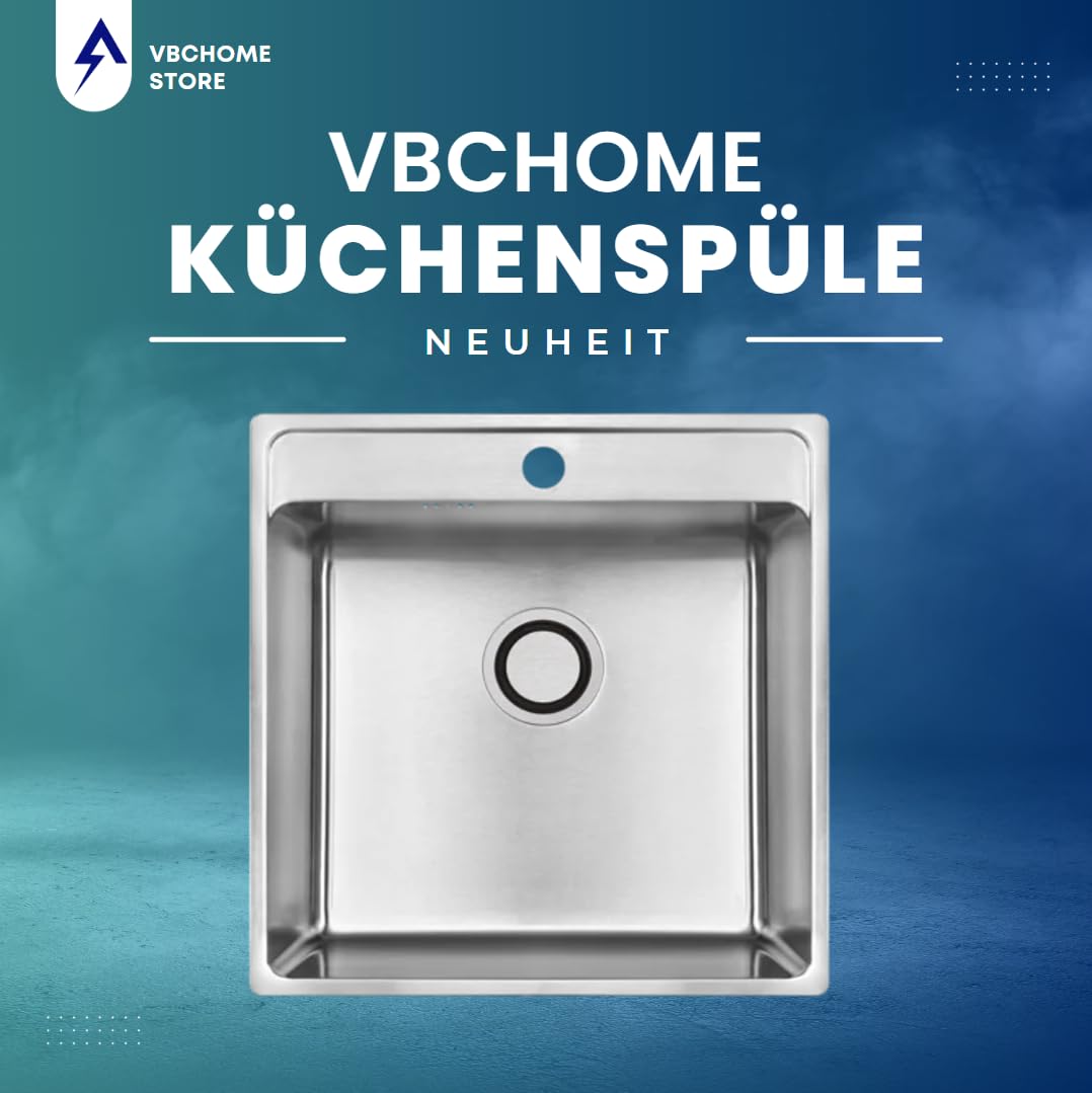 VBChome Edelstahl Einbauspüle 49x48x21 cm – Gebürsteter Inox-Stahl, Großes Becken mit Hahnloch, Küchenspüle inklusive Siphon, Robuste Edelstahlspüle