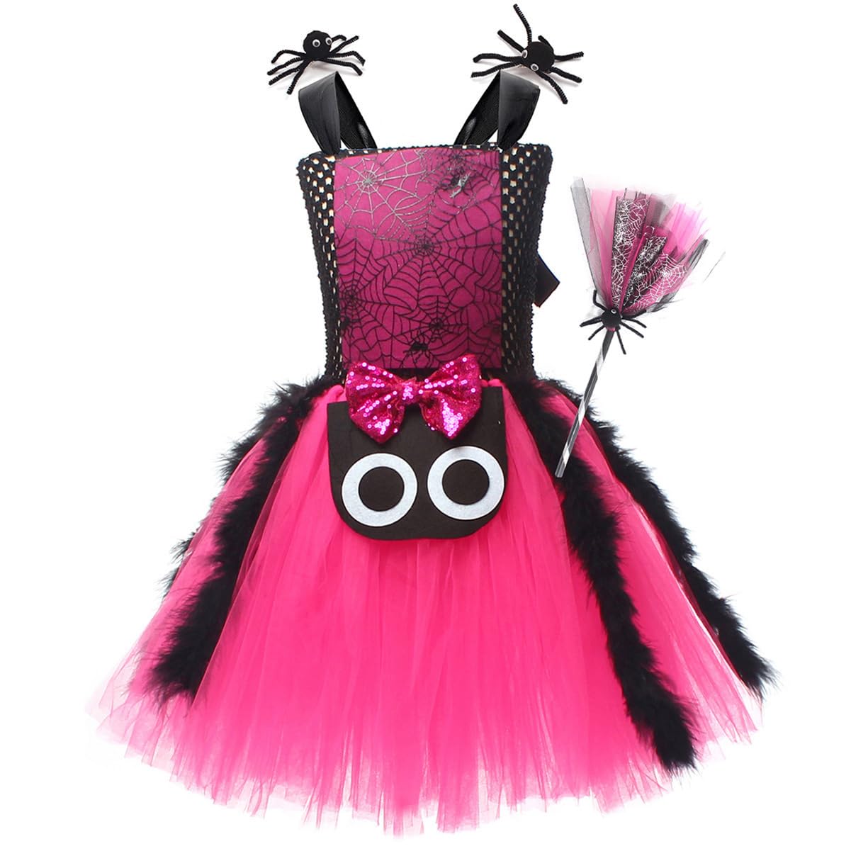 IDOPIP Kid Girls Witch Spider Costume with Broom and Hair Clips Outfit for Carnival Dress Up Party Fancy Dress Parade Tulle Tutu Dress Rose Red 6-7Y