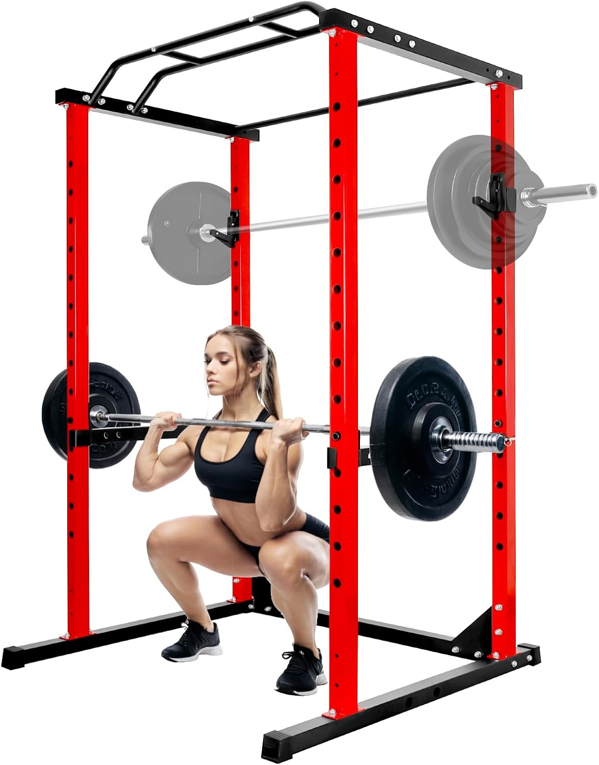 Power Cage Squat Rack - Heavy Duty Multi-Function Adjustable Rack with Safety Bars & J Hooks for Home Gym Strength Training (Red, 1000 LBS C)