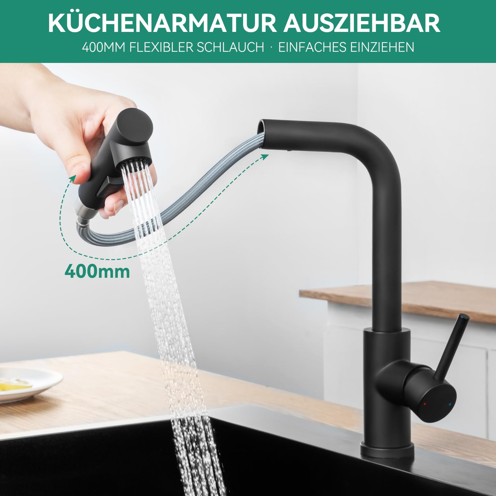 Waschbecken Küche Schwarz 70x46 cm Set, Armatur für 80 cm Unterschrank | Abtropfkorb, Quarzkomposit, 12 mm Bodendicke zur Geräuschreduzierung, Geruchsverschluss, Ausschnittsmaß 68 x 44 cm