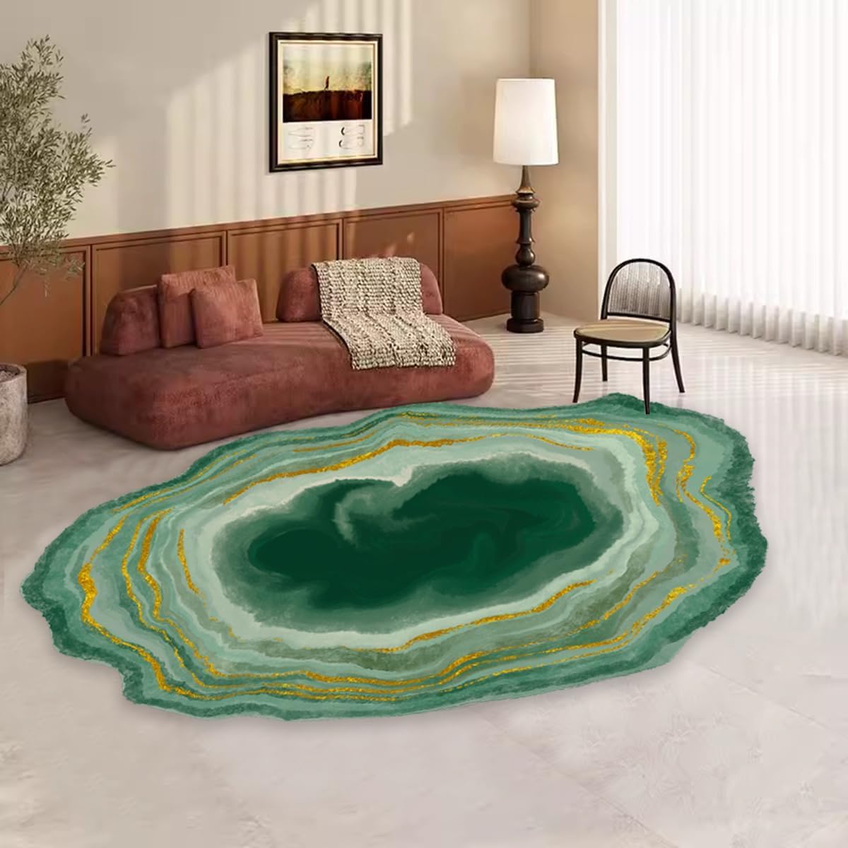 Green Gold Modern Abstract Striped Texture 2x6 Rug Irregular Shaped Aesthetic Art Deco Carpet for Living Room Bedroom Diningroom Washable Throw Rugs