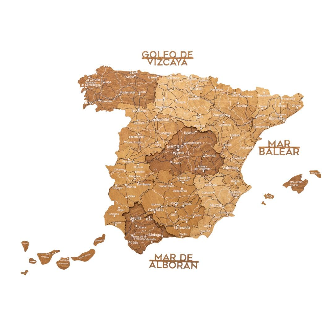 Enjoy The Wood 3D Wooden Spain Map for Wall Decor - Handmade Wooden Wall Art Travel Map of Spain with Pins - Any Occasion Gift Idea - Unique Spain Décor for Home or Office (Oak, XL)