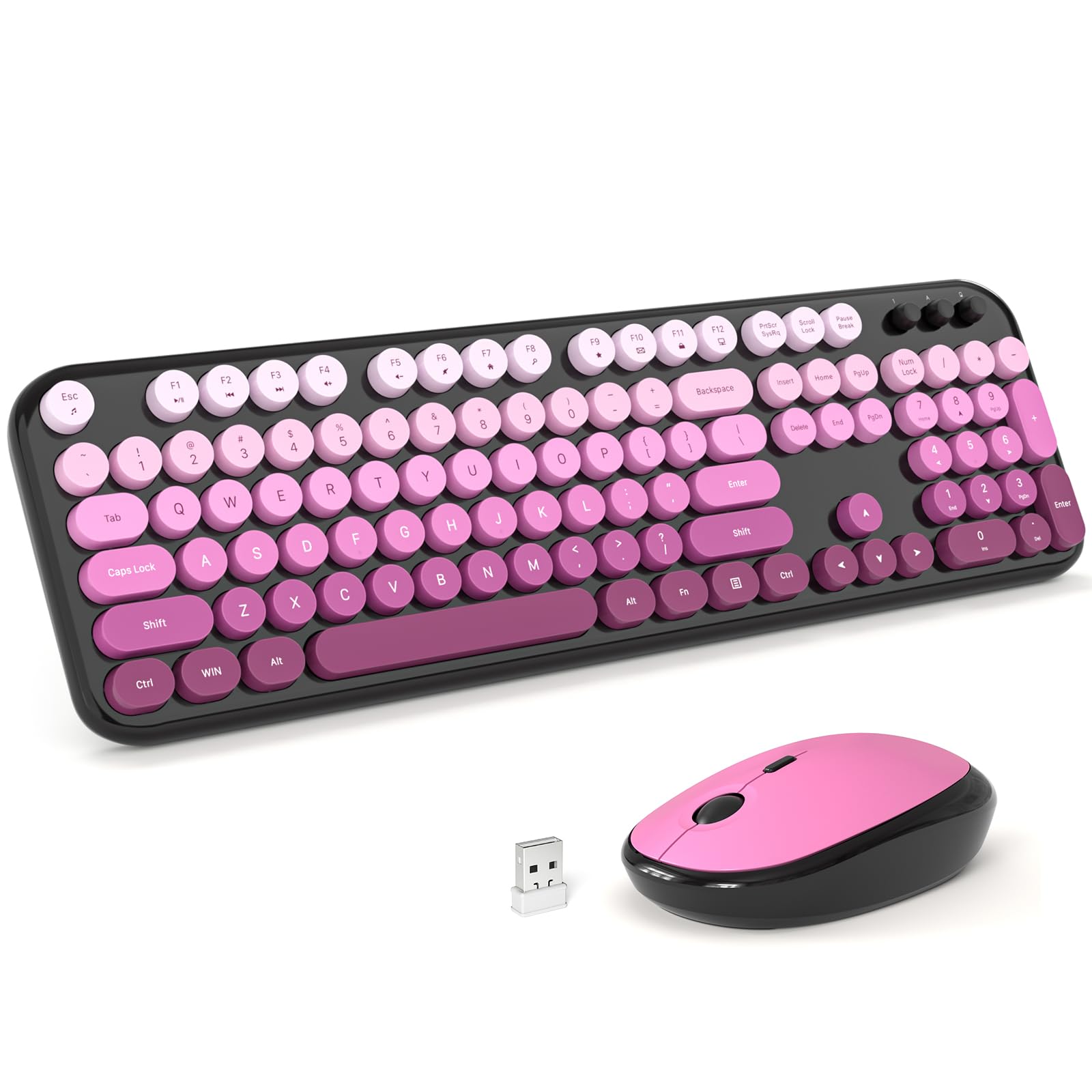 MOFII Wireless Keyboard and Mouse Combo, Full Size 2.4G Retro Round Computer Keyboard and Mouse Set, Plug and Play, for Windows, Computer, Desktop, PC, Notebook - (Black Pink Gradient)
