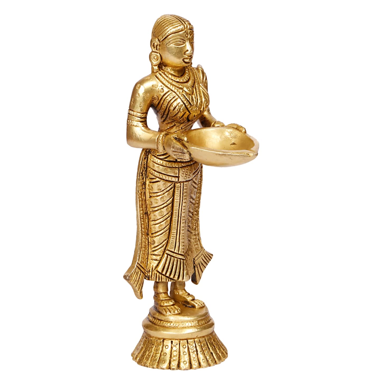 Kartique Brass Standing Lady with Diya for Home Entrance Decor Puja Room Meenakshi Devi Holding Oil Lamp Deep Laxmi Deepak Deepam Diwali Gift Height 19.5 Inch Gold Color Size Small