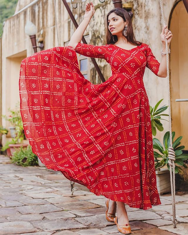 Image of Bandhej Anarkali Kurti | Flared Dress for Girls and Women | Jaipuri Print Rayon Kurti | Red