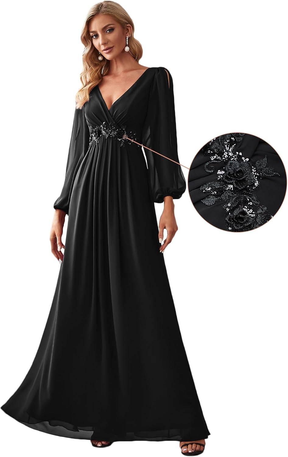 Ever-Pretty Women's V Neck Long Sleeves Floor Length Ruched Chiffon A-Line Formal Evening Dress Mother of Bride Dresses 00461 - Image 3