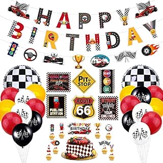 Race Car Birthday Party Decorations - Racing Birthday Banner, Checkered Flag Balloons, Traffic Signs Cutouts and Cake Topper for Kid Boys Let's Go Racing Themed Party Supplies(Set 01)