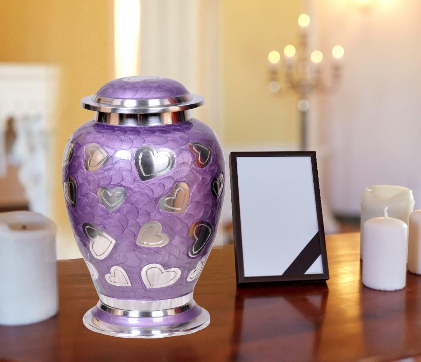 MEMORIALS 4U Lavender Hearts Cremation Urn - Purple & Silver Heart Urn - 100% Handcrafted Solid Brass Heart Urn for Human Ashes - Affordable Large Urn with Free Bag