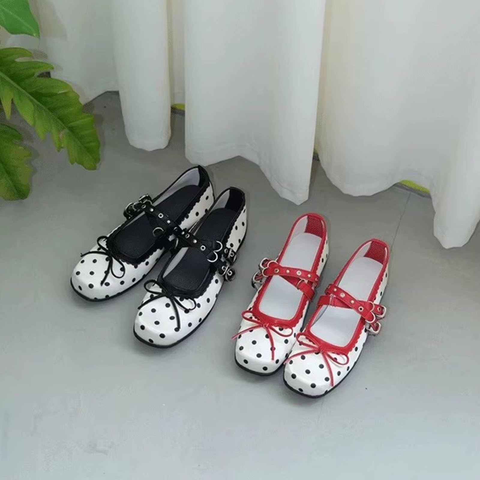 Scarpe Mary Jane A Pois Rossi Raso Suola Morbida Ballerine Donna