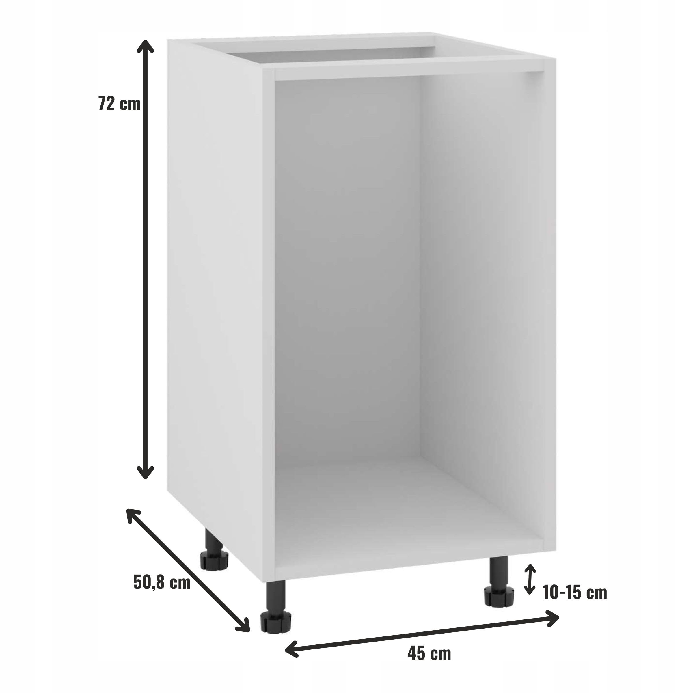 Unterbau-Küchenkorpus 45/82 zur Selbstmontage - 18 mm Möbelplatte - mit höhenverstellbaren Füßen - Maße 45x72x50,8 cm -mit Bohrungen für Blum/Metabox/GTV Schubladen - Weiß