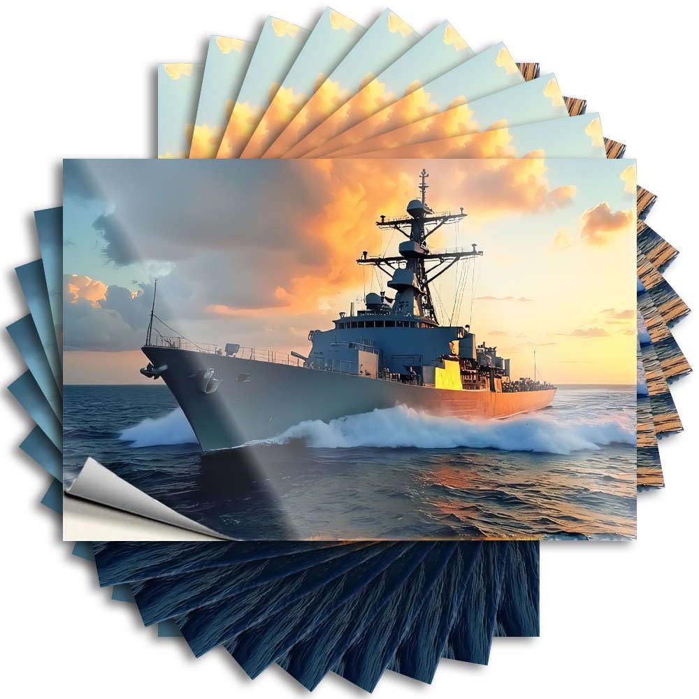 Stickers - Plastic Garage A Naval Ship Sails Through Turbulent Waters At Sunset. for Layered Goods(8X12CM)