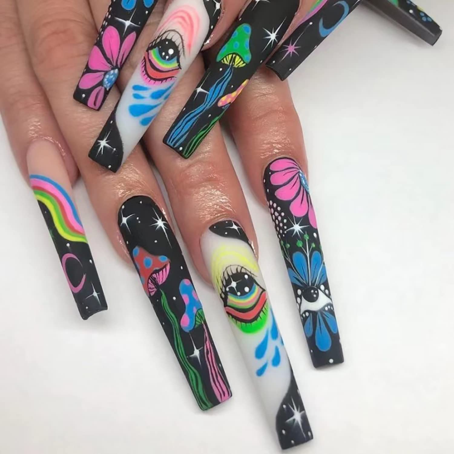OCOUYVD Long Press on Nails Coffin Fake Nails Graffiti Flower Full Cover Glue on Nails Eye Stars Moon Acrylic Nails with Rainbow Designs Coffin Nails Nail Art Decorations for Women Girls