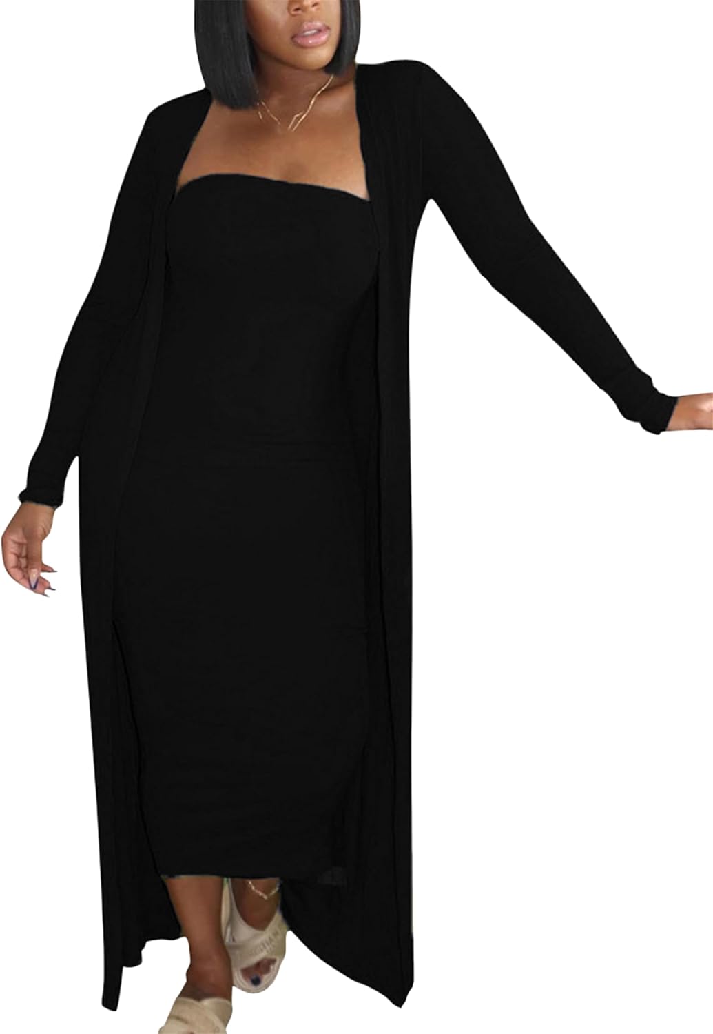 OMZIN Women's Maxi Dress Set for Women 2 Piece Cardigan Set Chic Sexy Long Sleeve Curvy Dress