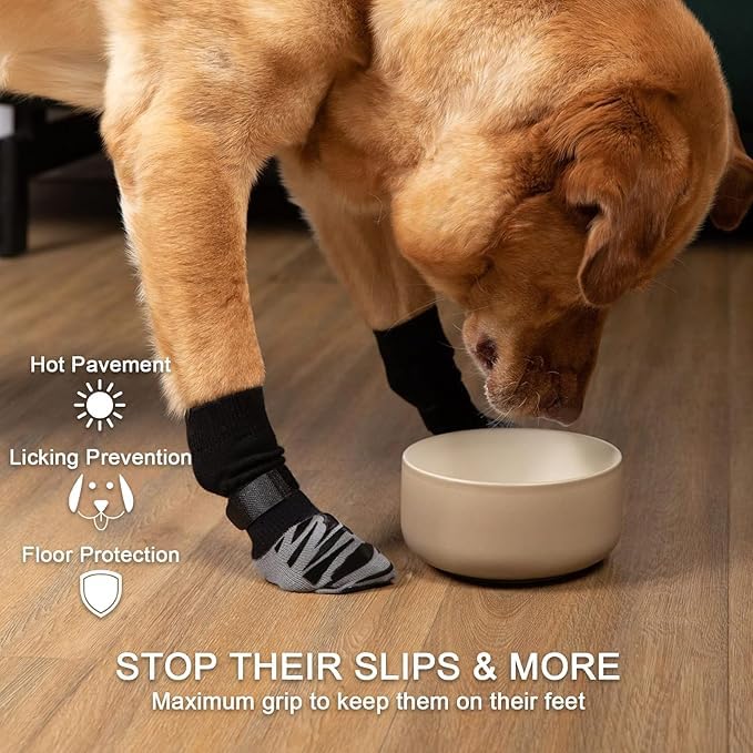 Image of KUTKUT 4Pcs Non-Slip Socks for Indoor Flooring to More Grip Dog Grip Socks of Senior Dogs Indoor Outdoor Adjustable Dog Paw Protectors for Injury Tiger Stripe (Size: M: L*W : 16 * 6cm)